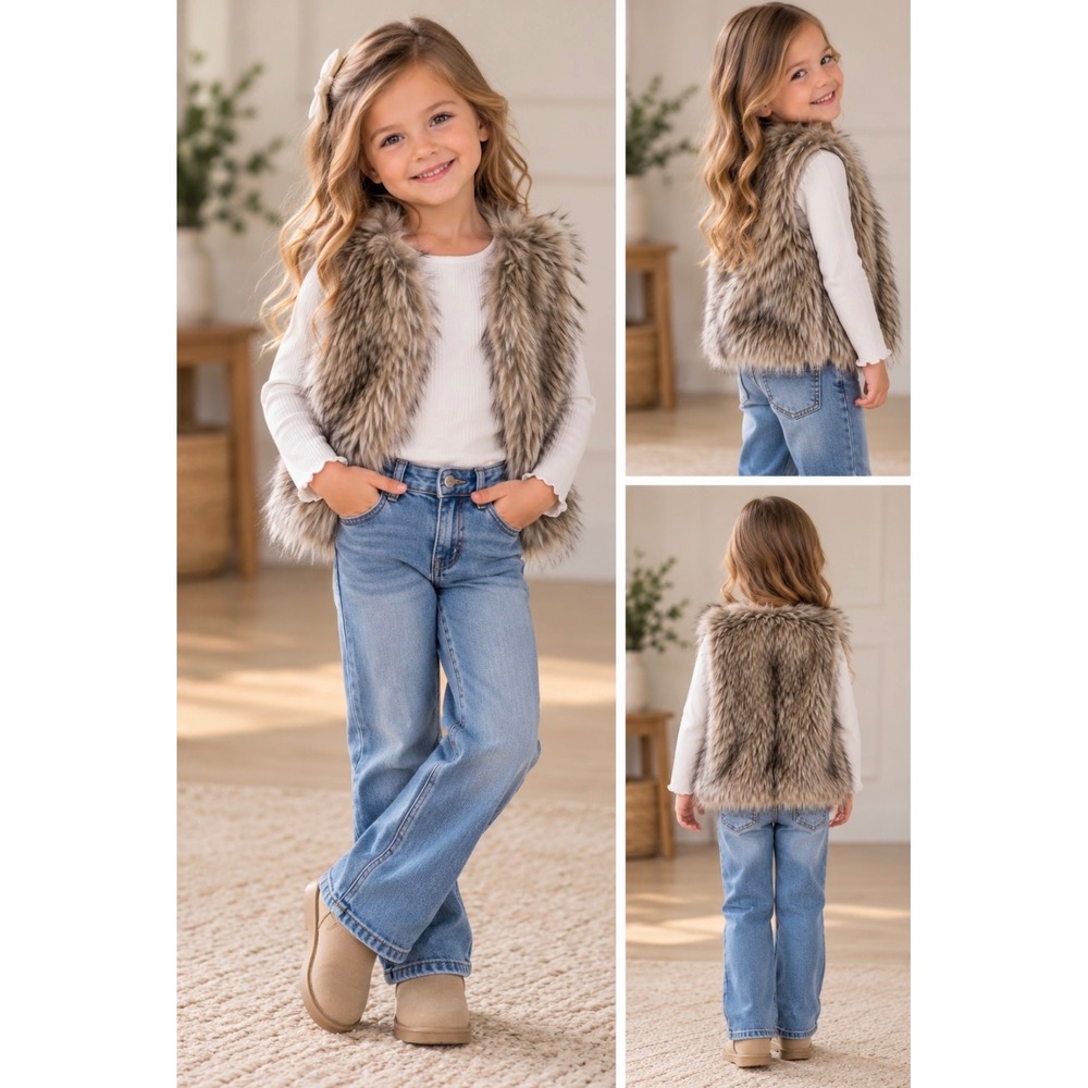 Old Navy Toddler Faux Fur Vest Sz 5T Grey Brown Winter Layering Jacket Coat